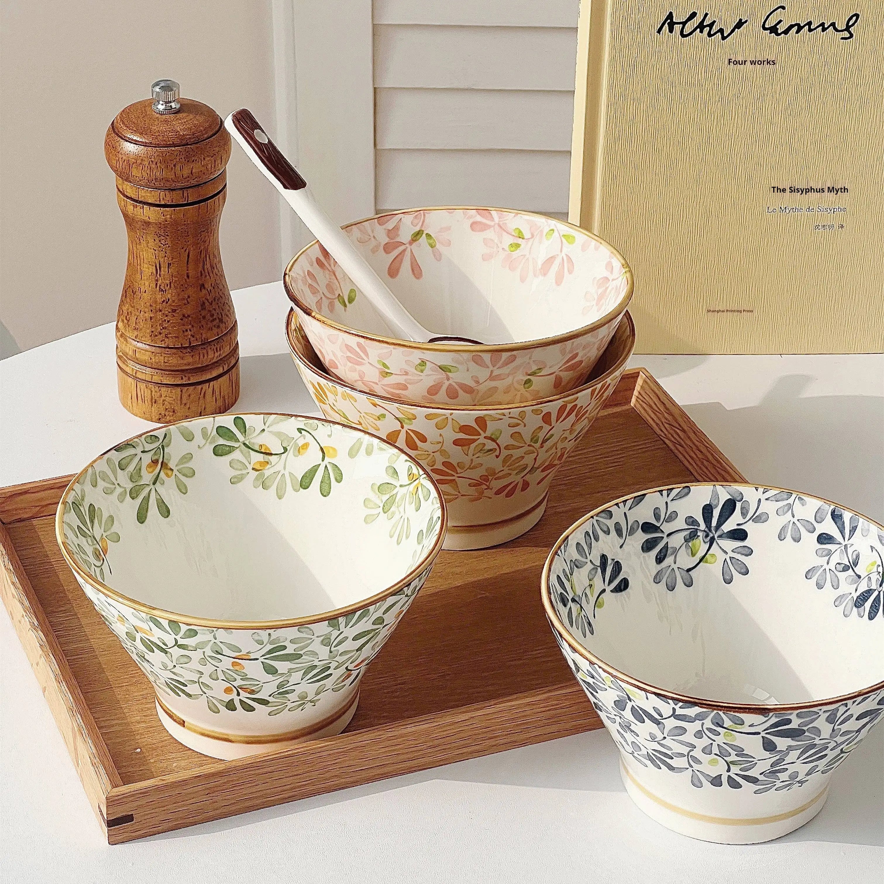 Ceramic Hat-shaped Bowl Spoon Set，Four Seasons Floral Pattern，Oven Microwave Safe, Noodles Salad Soup Dessert Hot Pot Picnic BBQ