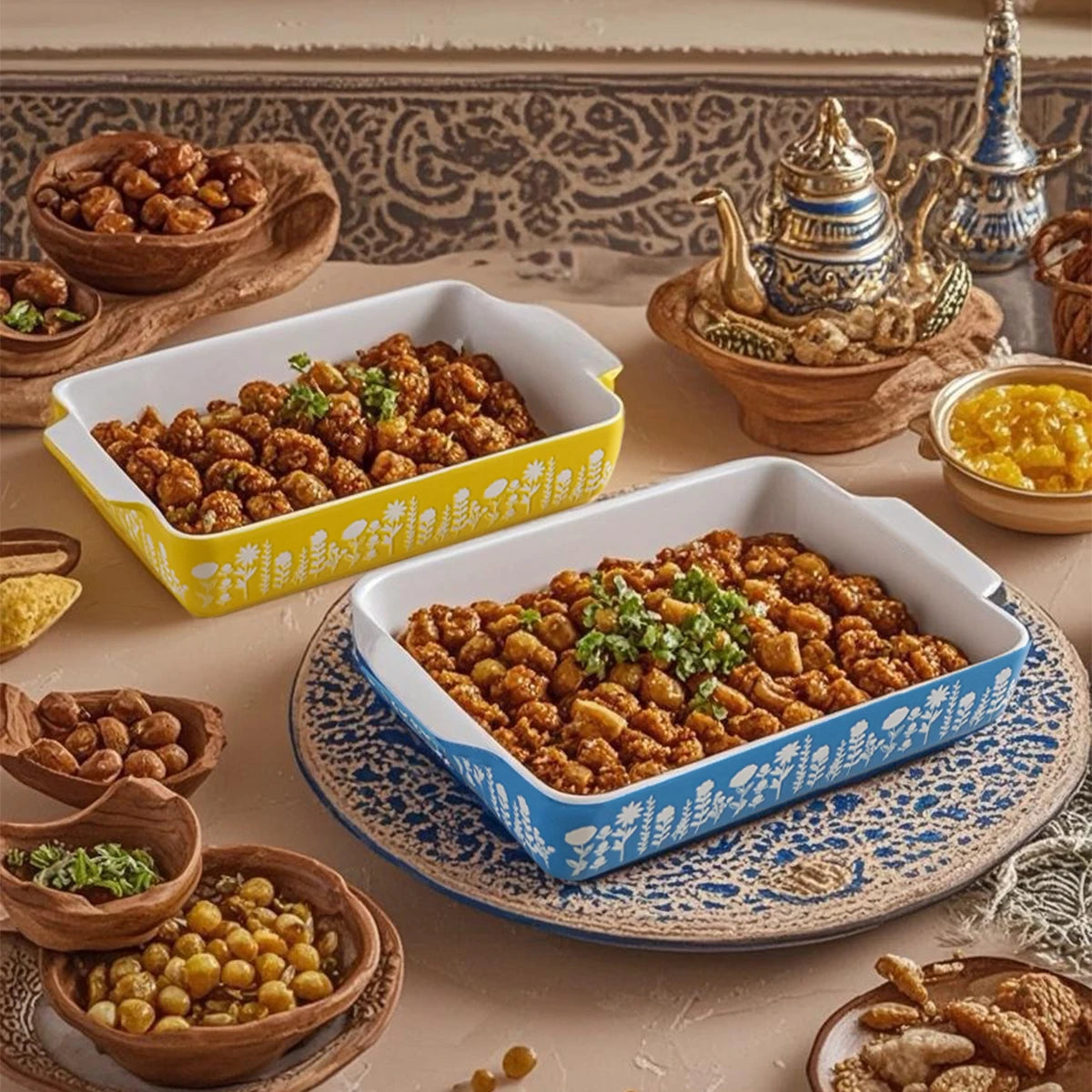 1Pc Double-Ear Ceramic Polishing Plate, Baking Pan, Household Small Eating Plate Baking Plate, Hand-Painted Relief Pattern Ceramic Plate, Suitable for Cooking, Barbecue, Cake, Dinner, Oven Safety, Kitchen Utensils, Gift Giving