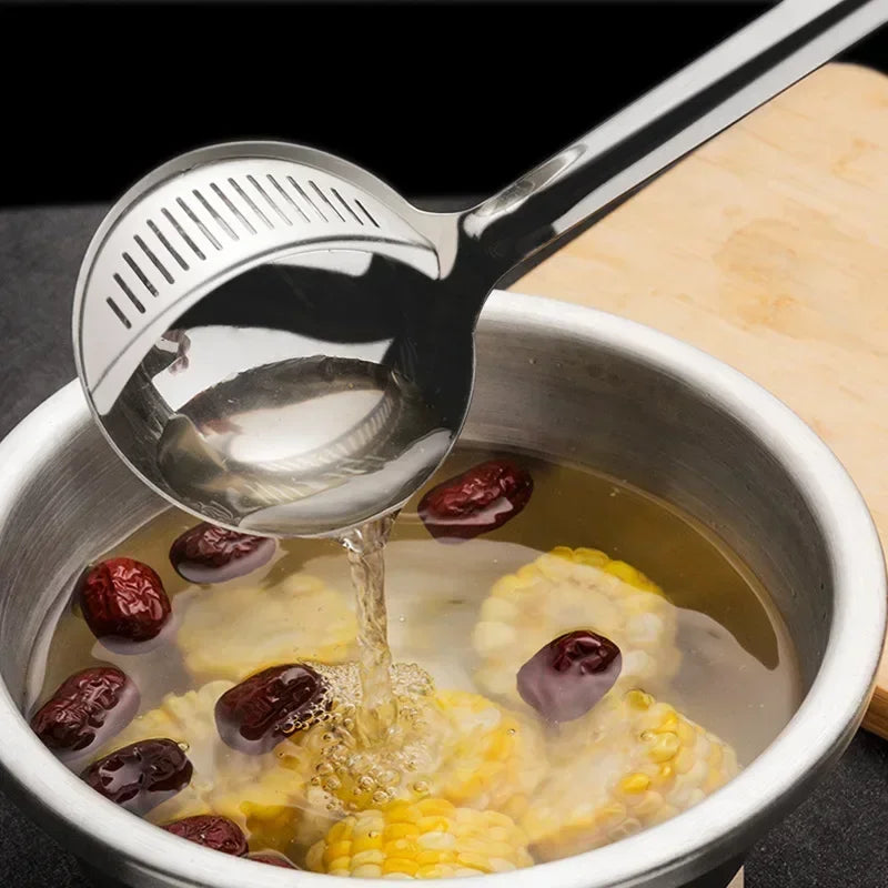 Dual-use Soup Spoon Long Handle Stainless Steel Soup Ladle with Removable Filter Cooking Colander Utensils Scoop Kitchen Items