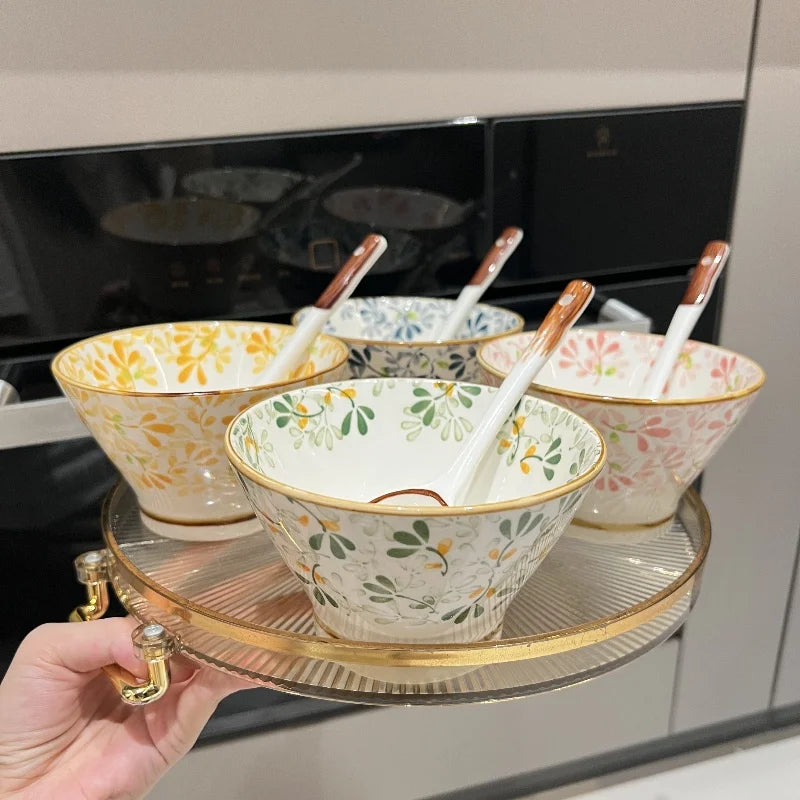 Ceramic Hat-shaped Bowl Spoon Set，Four Seasons Floral Pattern，Oven Microwave Safe, Noodles Salad Soup Dessert Hot Pot Picnic BBQ
